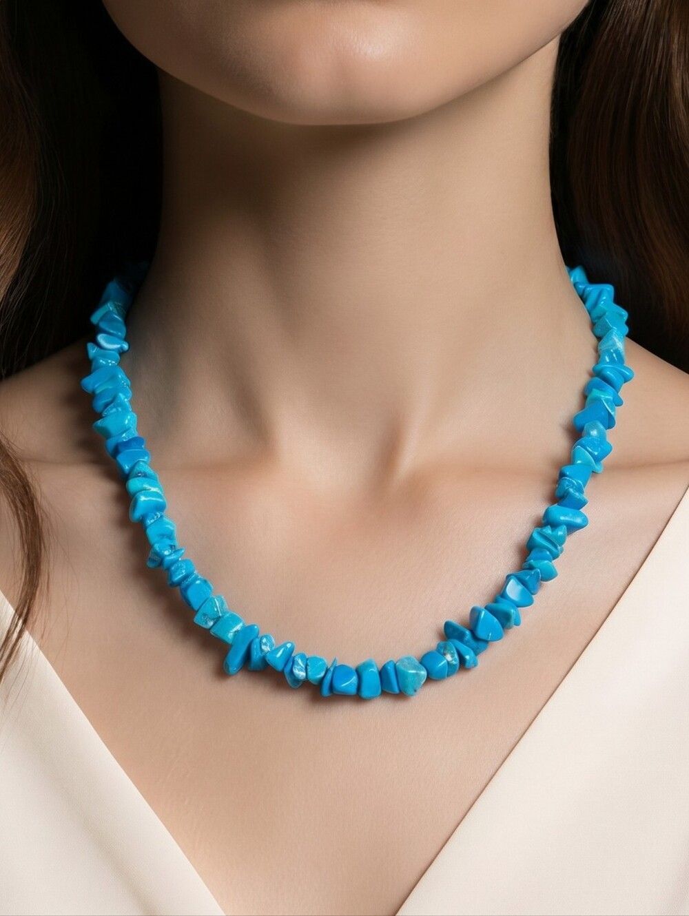 Turquoise Natural Stone Chip Necklace Boho Blue Crystal Beaded Adjustable Earthy